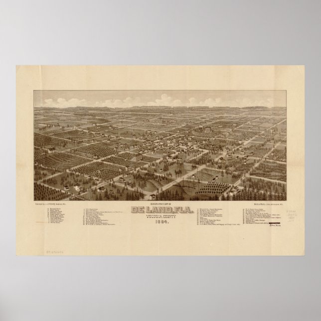 Poster Mapa Panorâmico Antiquado DeLand Florida 1884 (Frente)