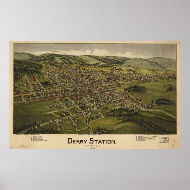 Póster Mapa Panorâmico Antiquado Derry Pennsylvania 1900 (Frente)