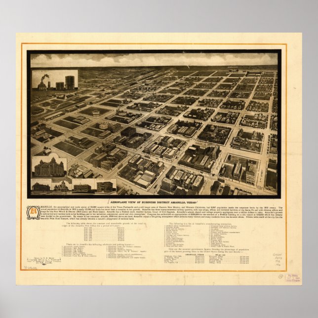 Póster Mapa Panorâmico Antiquado do Amarillo Texas 1912 (Frente)