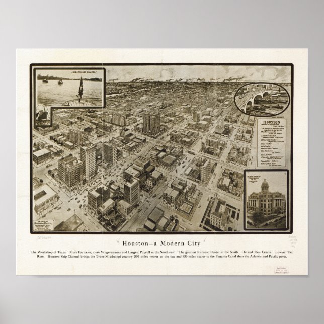 Póster Mapa Panorâmico Antiquado do centro Houston Texas  (Frente)