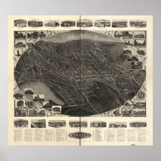 Poster Mapa Panorâmico Antiquado do Connecticut 1908