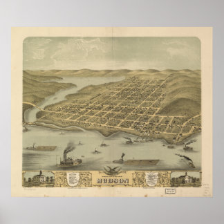 Póster Mapa Panorâmico Antiquado do Hudson WI 1870