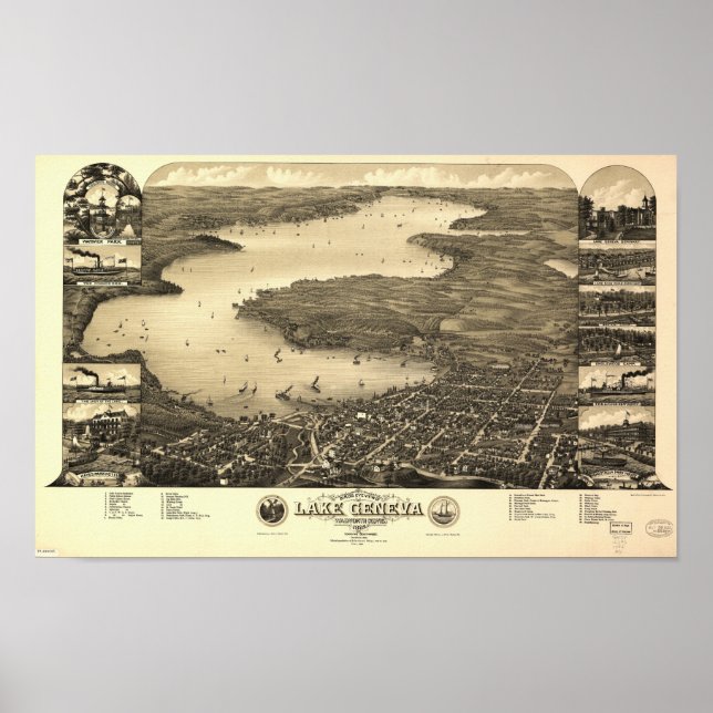 Póster Mapa Panorâmico Antiquado do Lago Genebra WI 1882 (Frente)