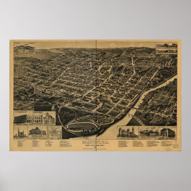 Póster Mapa Panorâmico Antiquado do Macon Georgia 1887 (Frente)