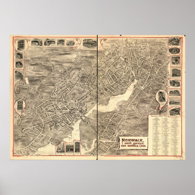 Poster Mapa Panorâmico Antiquado do Norwalk Connecticut (Frente)