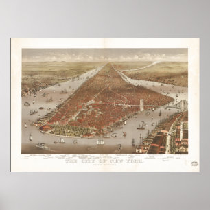 Póster Mapa Panorâmico Antiquado do Nova Iorque 1884