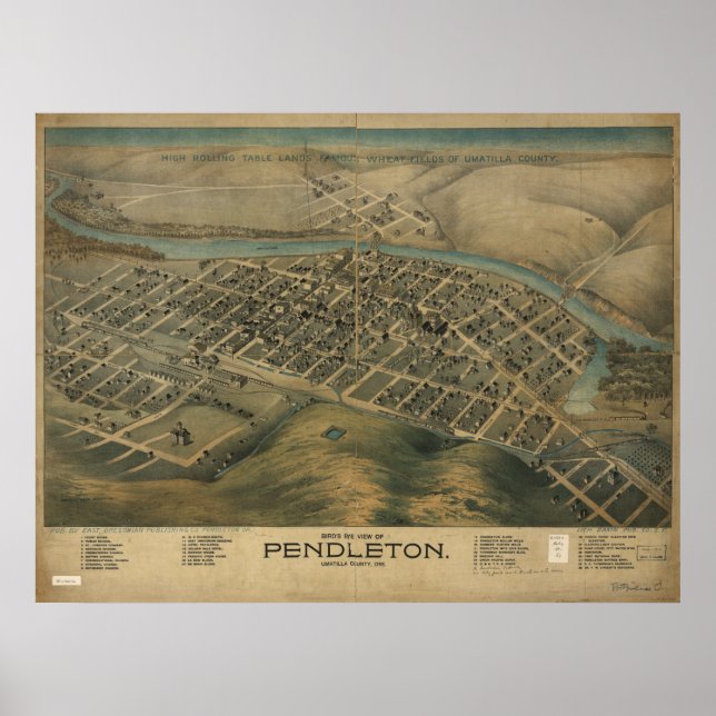 Póster Mapa Panorâmico Antiquado do Pendleton Oregon 1890 (Frente)