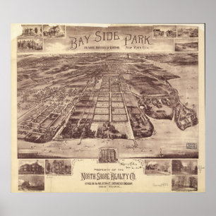 Póster Mapa Panorâmico Antiquado do Queens New York 1915