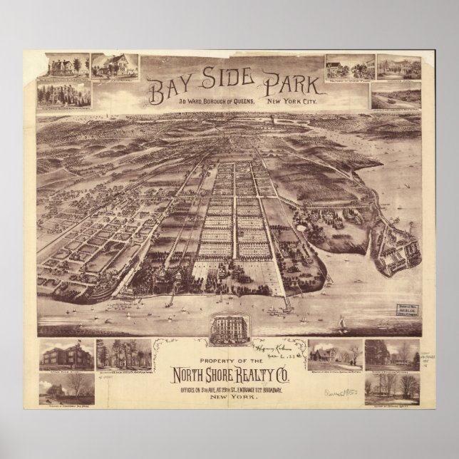 Póster Mapa Panorâmico Antiquado do Queens New York 1915 (Frente)