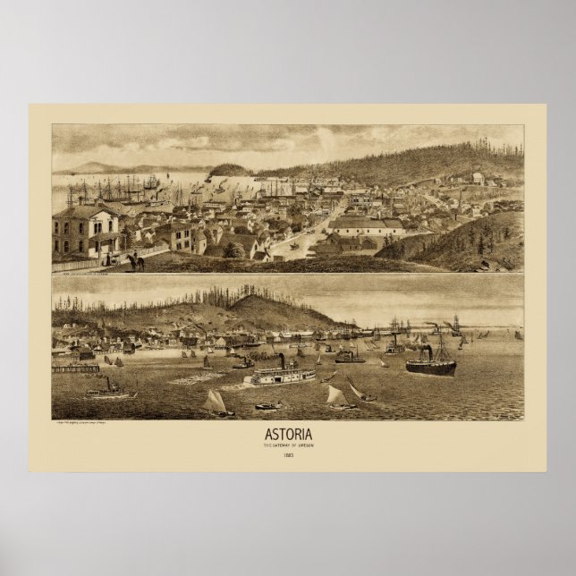 Póster Mapa Panorâmico Astoria Oregon 1883 (Frente)