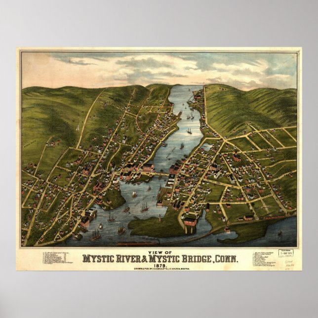 Póster Mapa Panorâmico CT 1879 Mystic River & Bridge (Frente)