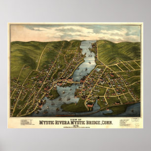 Póster Mapa Panorâmico CT 1879 Mystic River & Bridge