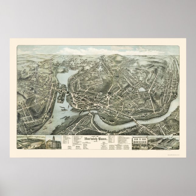 Poster Mapa Panorâmico CT Norwich - 1876 (Frente)