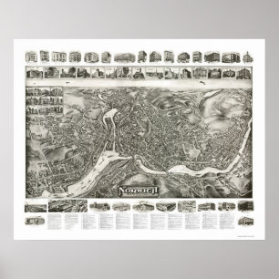 Póster Mapa Panorâmico CT Norwich - 1912