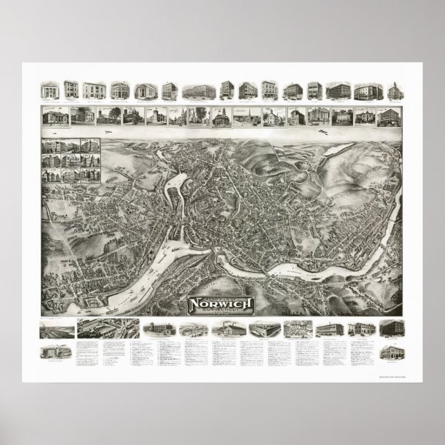 Póster Mapa Panorâmico CT Norwich - 1912 (Frente)