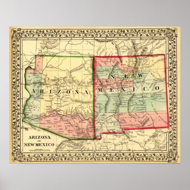 Póster Mapa Panorâmico da arizona e do Novo México (Frente)