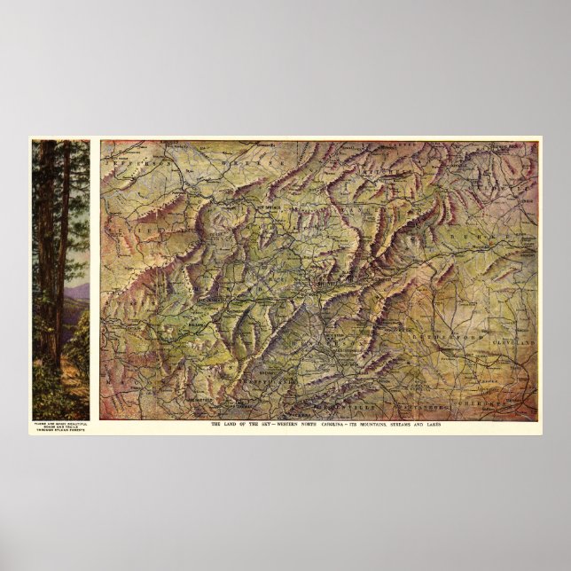 Póster Mapa Panorâmico da Carolina do Norte Ocidental (Frente)