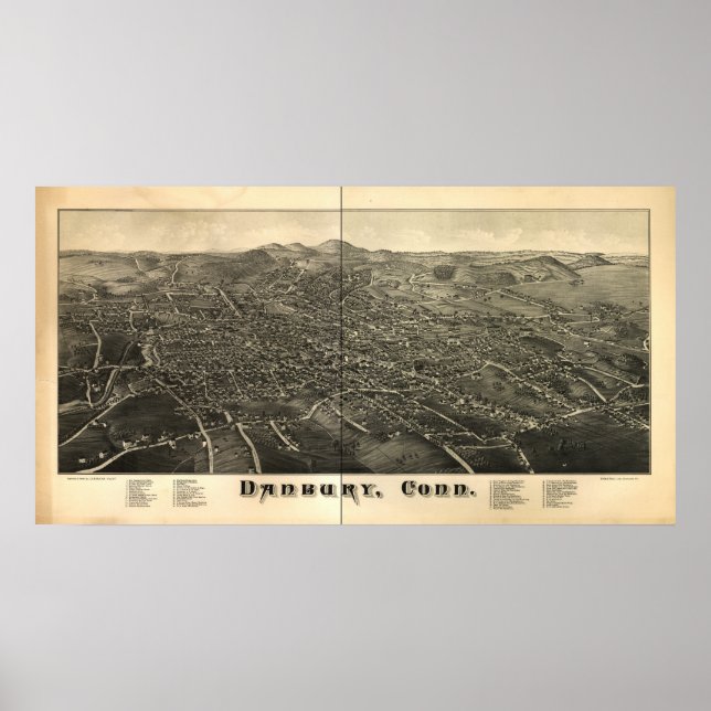 Póster Mapa Panorâmico Danbury Connecticut 1884 (Frente)