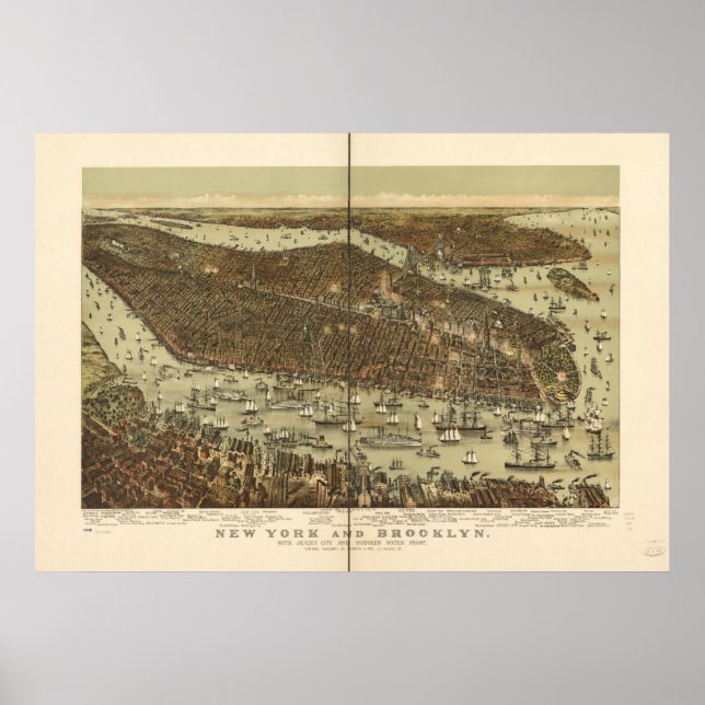 Póster Mapa Panorâmico de 1892 de Nova Iorque e Brooklyn  (Frente)
