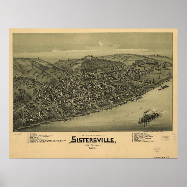 Póster Mapa Panorâmico de 1896 Sistersville WV Bird (Frente)