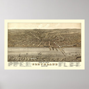 Poster Mapa panorâmico de Cleveland, OH - 1877