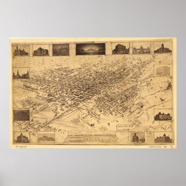 Poster Mapa Panorâmico de Denver Colorado 1881 (Frente)