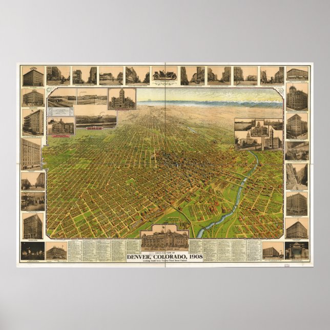 Póster Mapa Panorâmico de Denver Colorado 1908 (Frente)