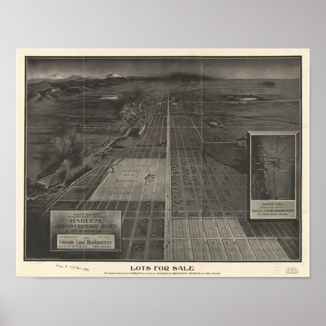 Póster Mapa Panorâmico de Denver Colorado "Lots for Sale" (Frente)