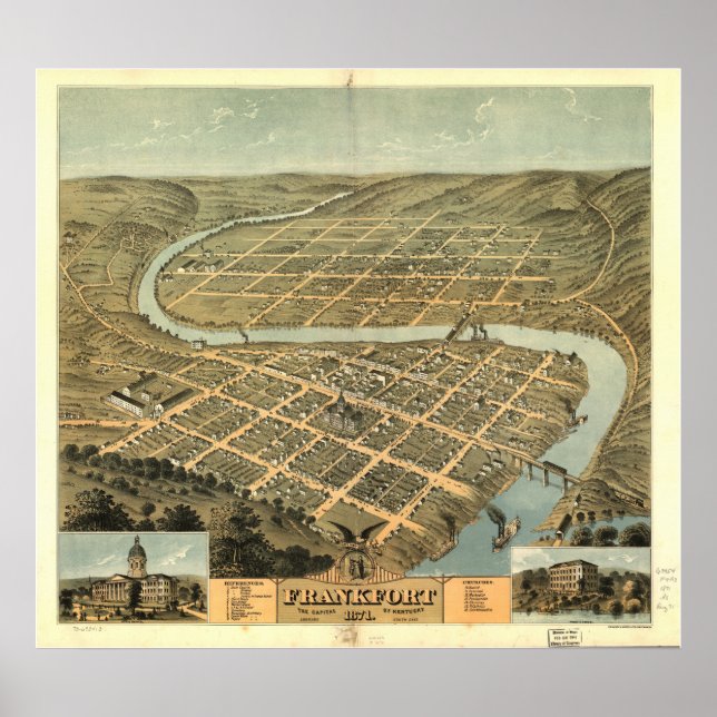 Póster Mapa Panorâmico de Frankfort Kentucky 1871 (Frente)