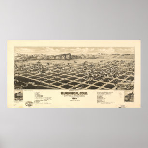 Poster Mapa Panorâmico de Gunnison Colorado 1882