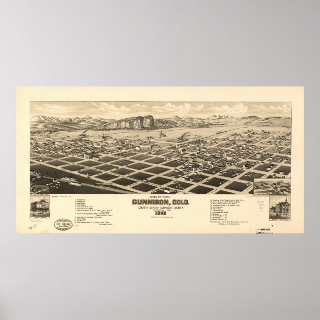 Poster Mapa Panorâmico de Gunnison Colorado 1882 (Frente)