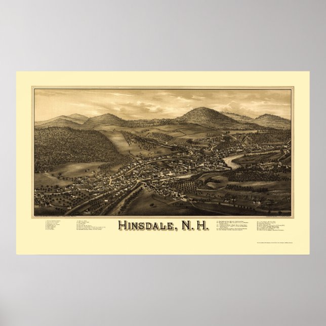 Póster Mapa Panorâmico de Hinsdale, NH - 1886 (Frente)
