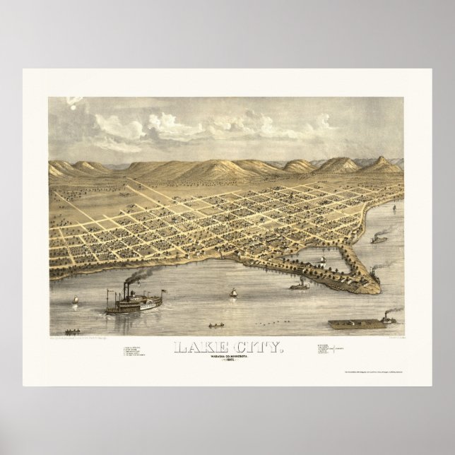 Póster Mapa Panorâmico de Lake City, MN - 1867 (Frente)