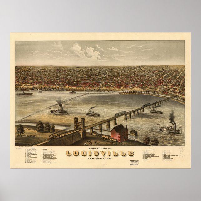 Poster Mapa Panorâmico de Louisville Kentucky 1876 (Frente)
