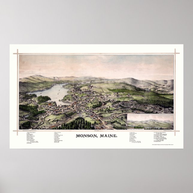 Poster Mapa Panorâmico de Monson, ME - 1889 (Frente)