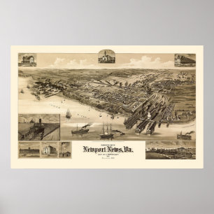 Poster Mapa Panorâmico de Newport News, VA - 1891