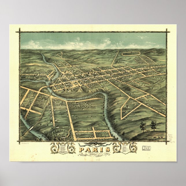 Póster Mapa Panorâmico de Paris Kentucky 1870 (Frente)
