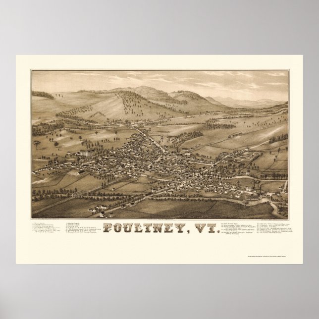 Poster Mapa Panorâmico de Poultney, VT - 1886 (Frente)