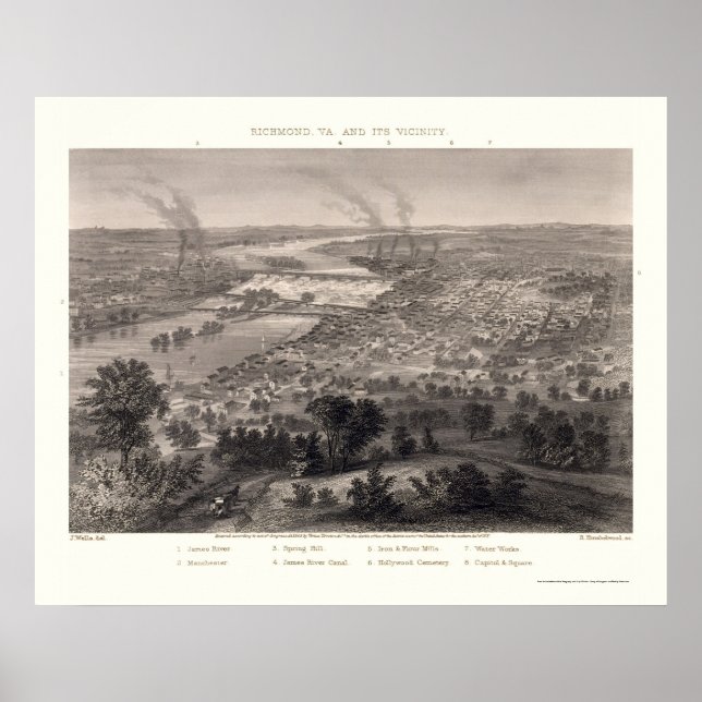 Poster Mapa Panorâmico de Richmond, VA - 1863 (Frente)