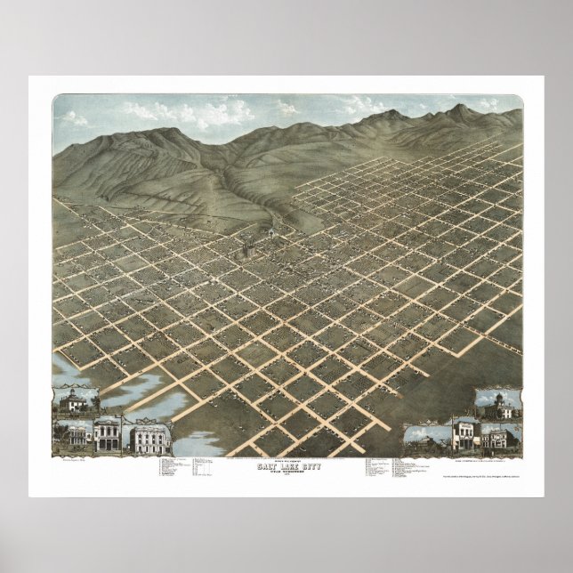 Poster Mapa Panorâmico de Salt Lake City, UT - 1870 (Frente)