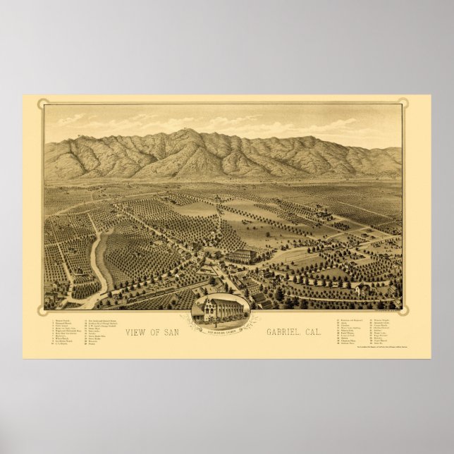 Póster Mapa Panorâmico de San Gabriel, CA - 1893 (Frente)