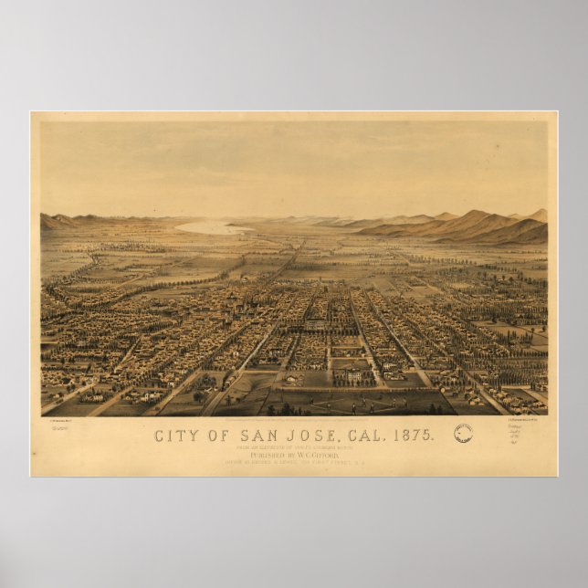 Póster Mapa Panorâmico de San Jose California 1875 (Frente)