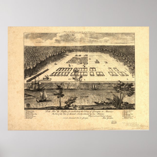 Póster Mapa Panorâmico de Savannah Georgia 1734 (Frente)