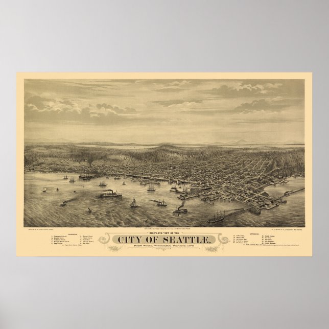 Póster Mapa Panorâmico de Seattle, WA - 1878 (Frente)
