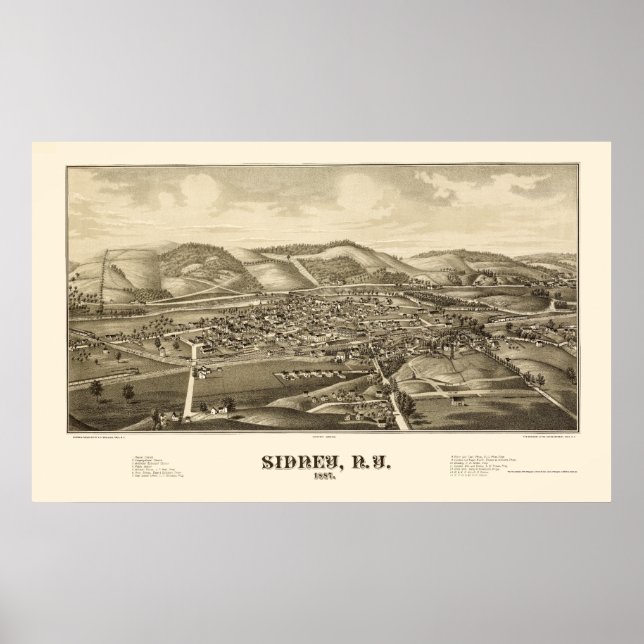 Póster Mapa Panorâmico de Sidney, NY - 1887 (Frente)