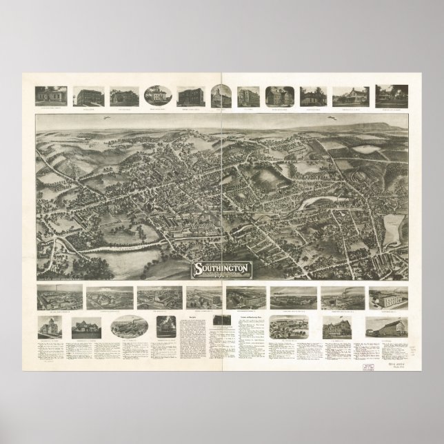 Póster Mapa Panorâmico de Southington Connecticut 1914 (Frente)