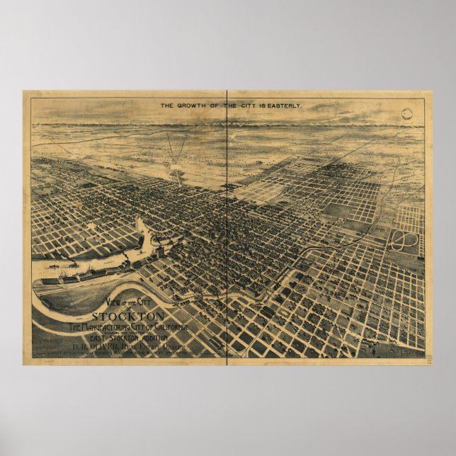 Poster Mapa Panorâmico de Stockton California 1895 (Frente)