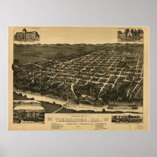Póster Mapa Panorâmico de Tuscaloosa Alabama 1887 (Frente)