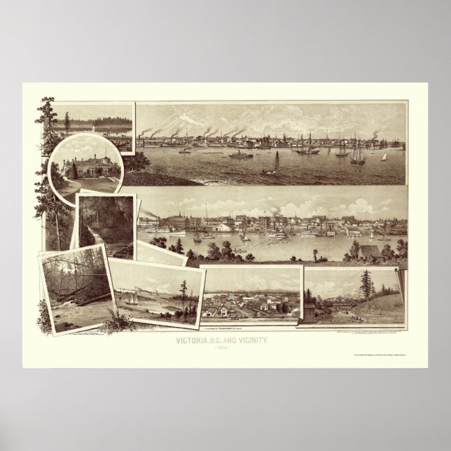 Poster Mapa Panorâmico de Victoria, BC, Canadá - 1884 (Frente)