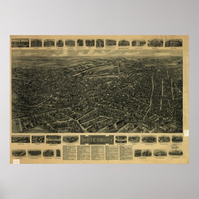 Poster Mapa Panorâmico de Waterbury Connecticut 1917 (Frente)